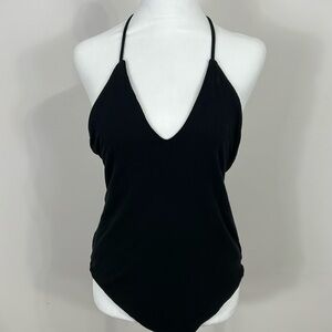 Afrm Black ribbed open back strappy Bodysuit size XL NWT